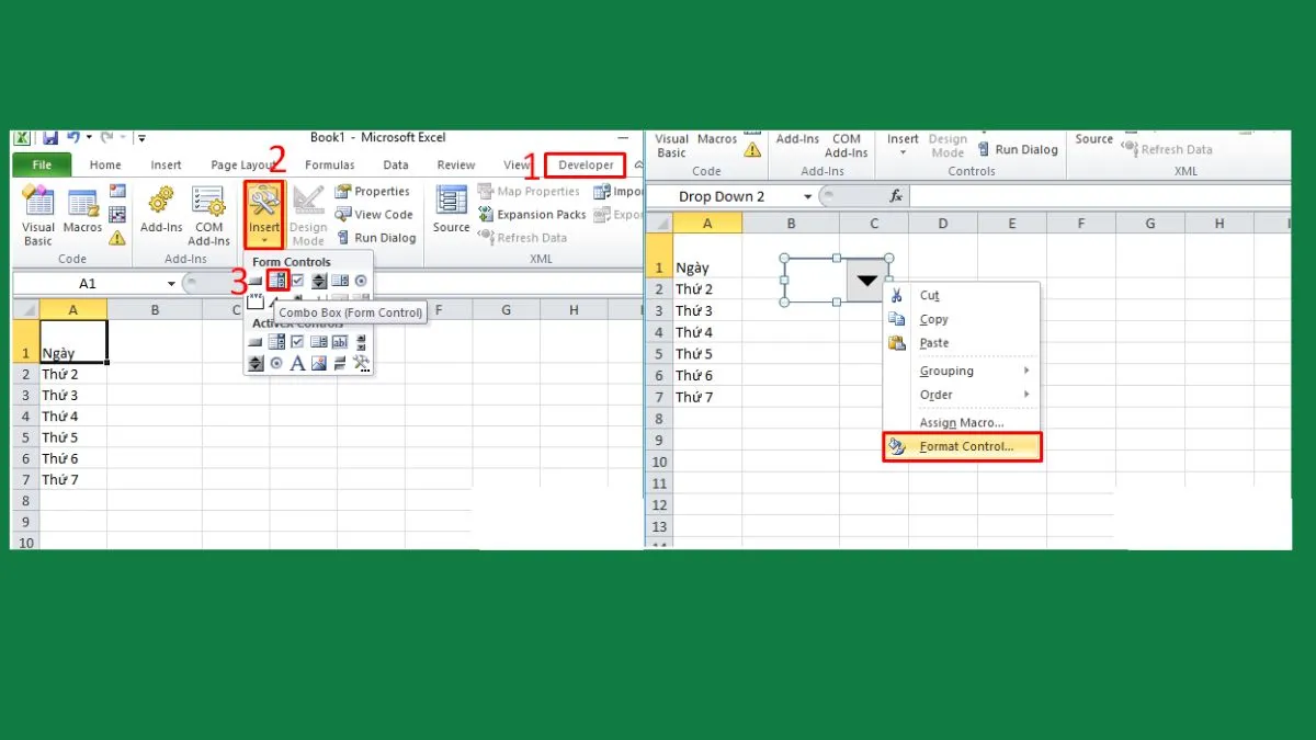 Chèn ComboBox (Form Control) từ Developer Tab và mở Format Control để cài đặt