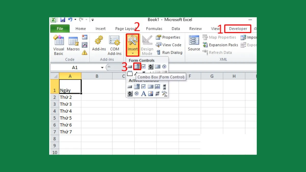 Chọn biểu tượng ComboBox (Form Control) từ Developer Tab và kéo để vẽ lên bảng tính