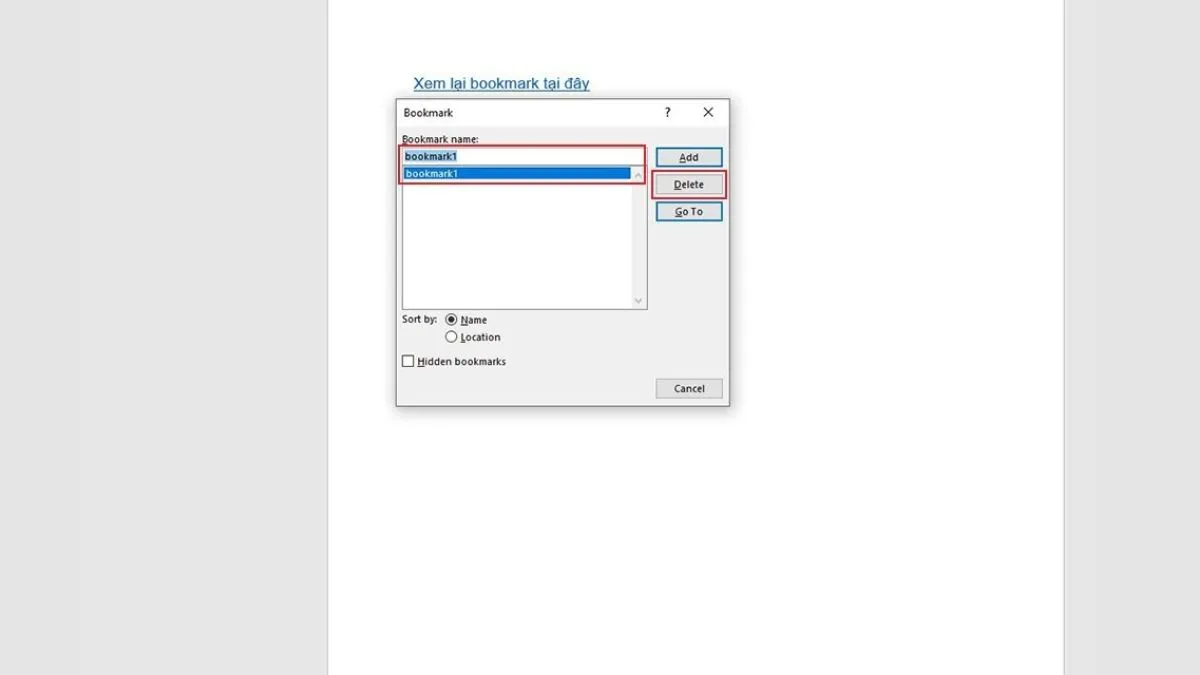 Chọn Bookmark cần xóa trong danh sách và nhấn nút Delete để loại bỏ, sau đó nhấn Close