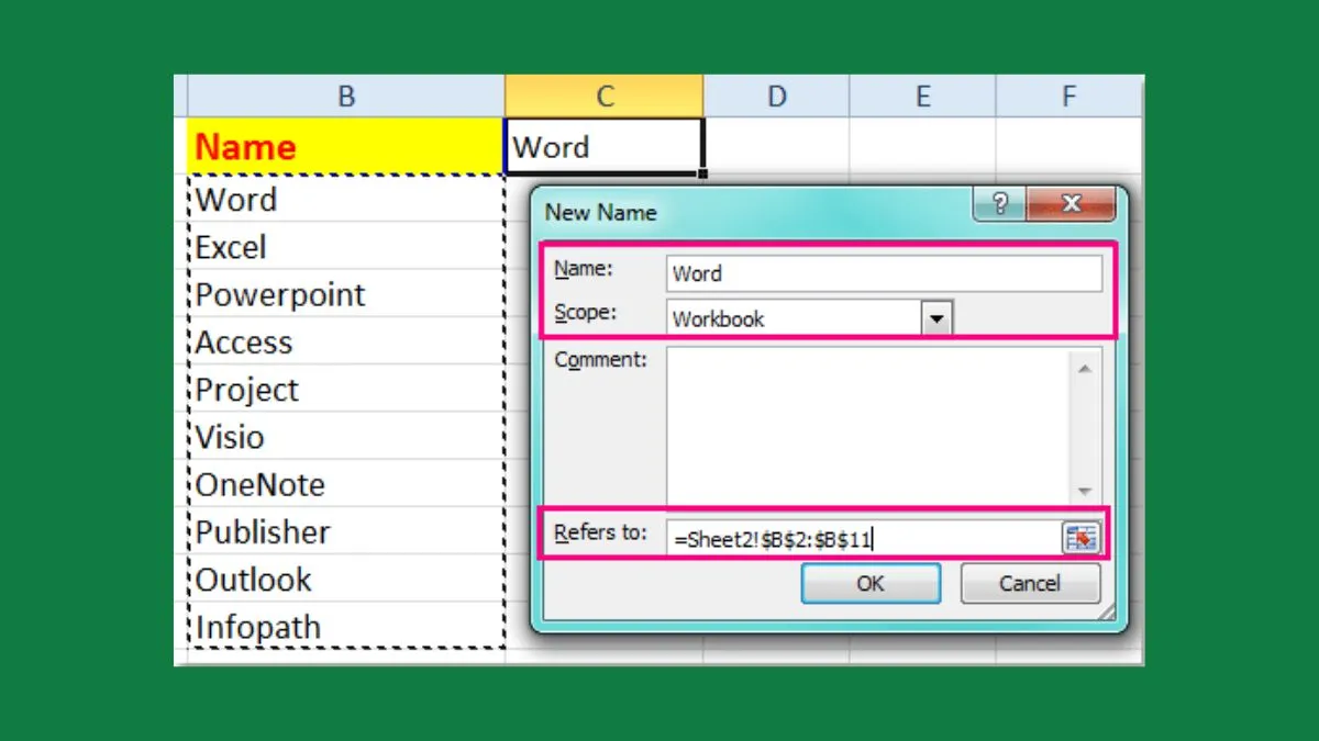 Điền tên cho danh sách, chọn phạm vi Workbook và xác định vùng dữ liệu trong hộp thoại New Name