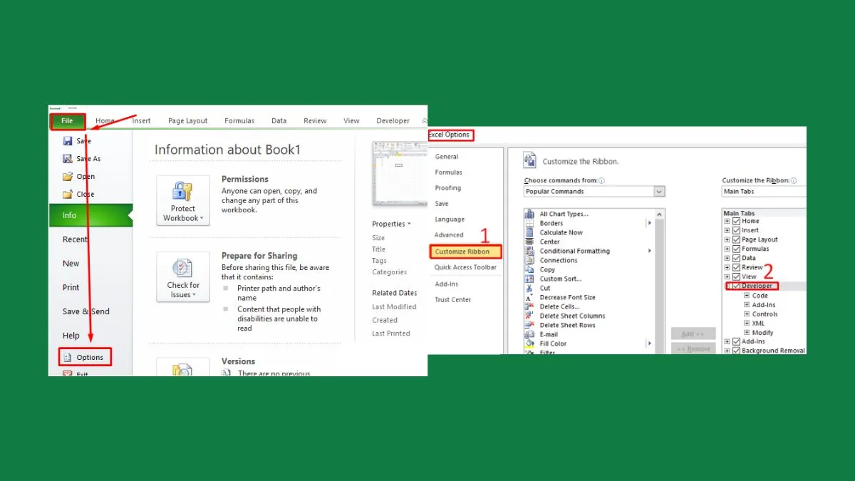 Kích hoạt Developer Tab trong Excel để truy cập các công cụ điều khiển