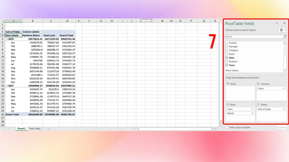 Sắp xếp các trường dữ liệu trong PivotTable để tổng hợp