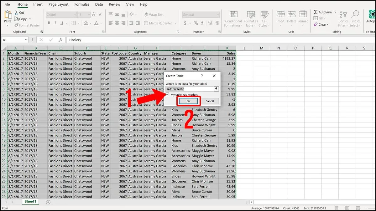 Tạo bảng dữ liệu nguồn trong Excel bằng Ctrl+T