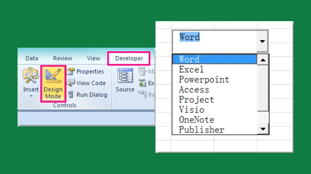 Tắt Design Mode trong Developer Tab để kích hoạt ComboBox và bắt đầu sử dụng