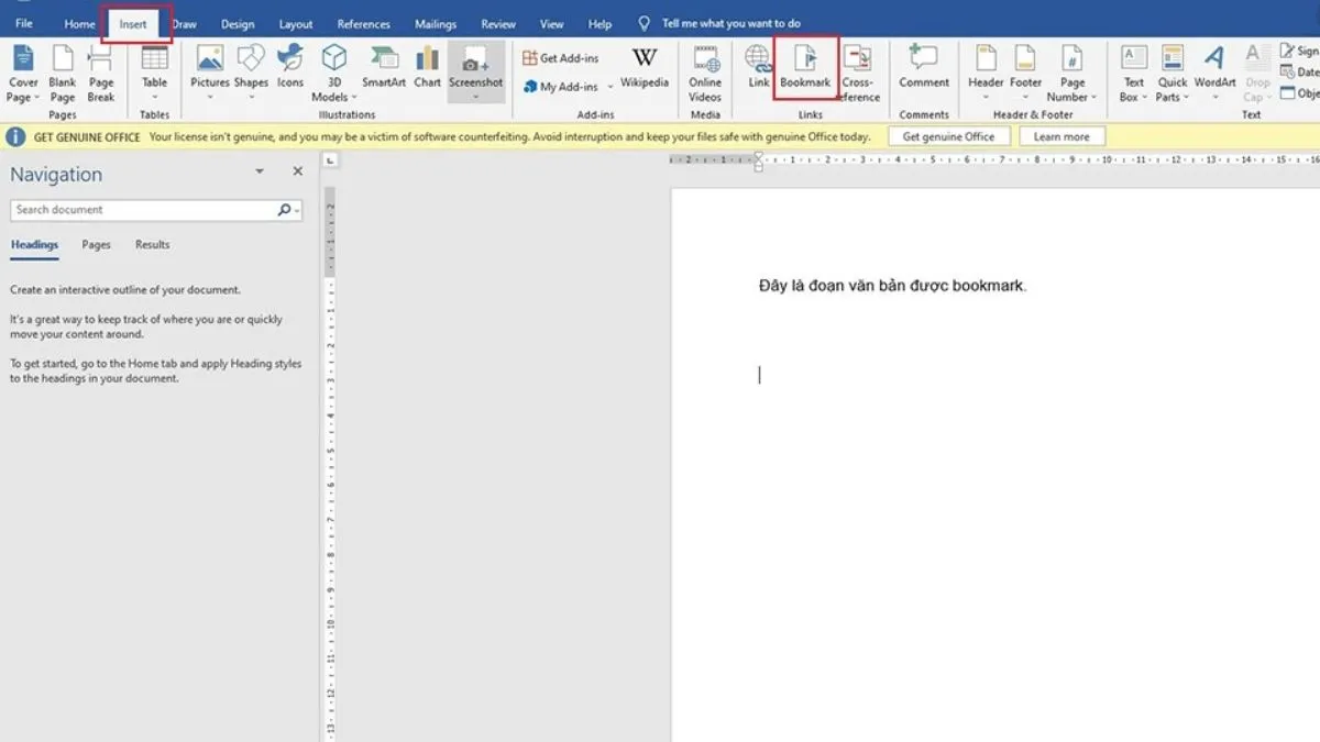Tru cập tab Insert và chọn Bookmark để xem danh sách các Bookmark đã được tạo trong tài liệu Word