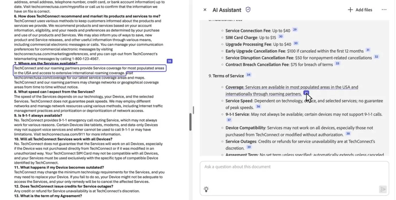Adobe Acrobat AI trích dẫn thông tin từ hợp đồng