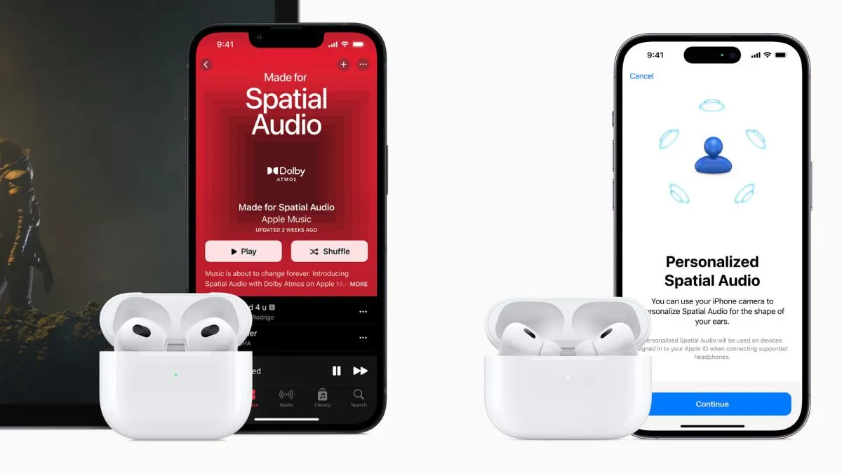 AirPods 3 và AirPods Pro 2 bên cạnh iPhone 13 và iPhone 14 Pro hiển thị tính năng Spatial Audio.