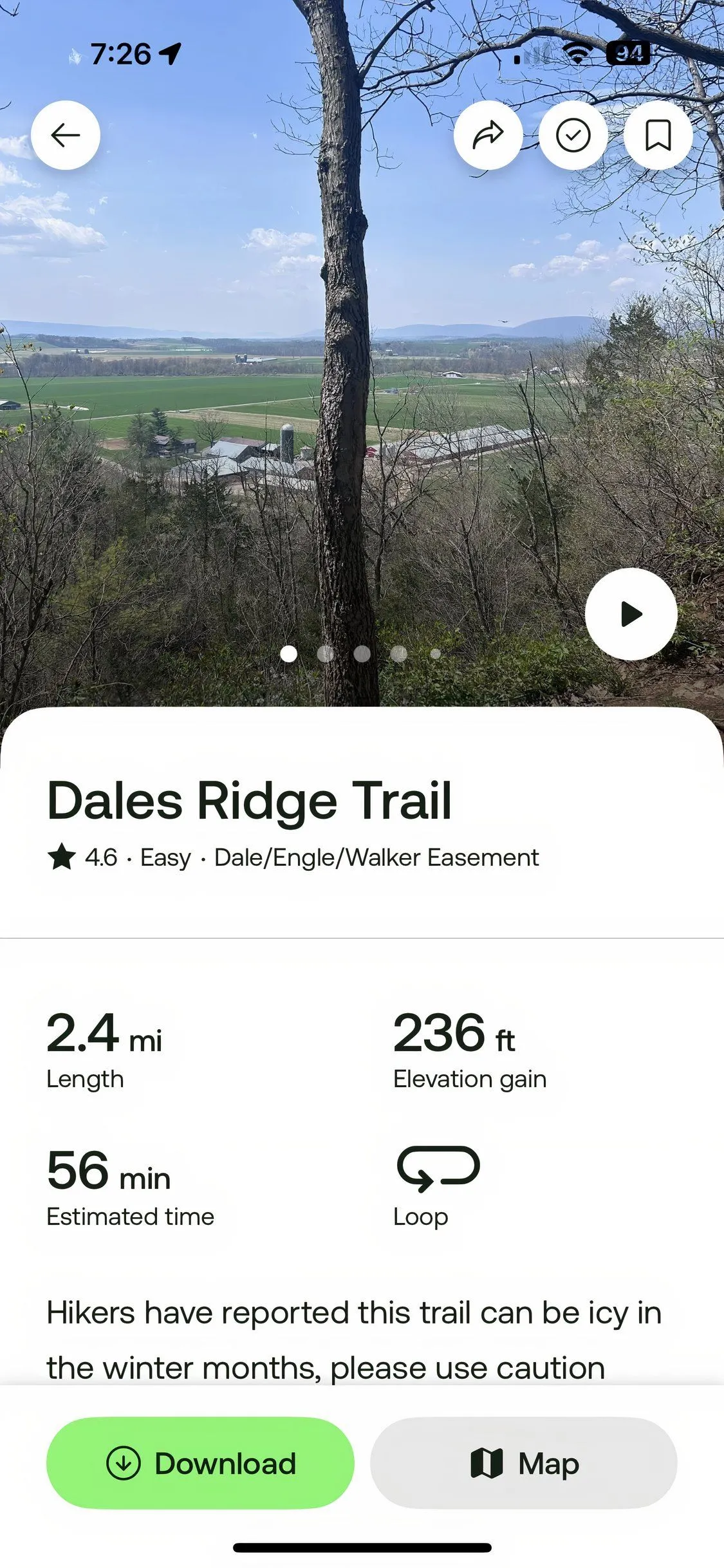 AllTrails: Màn hình chi tiết đường mòn trong ứng dụng trên iPhone