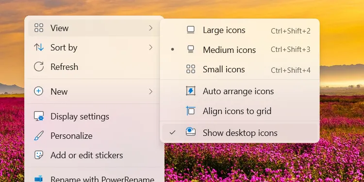 Ẩn các biểu tượng trên màn hình desktop Windows 11 thông qua tùy chọn View