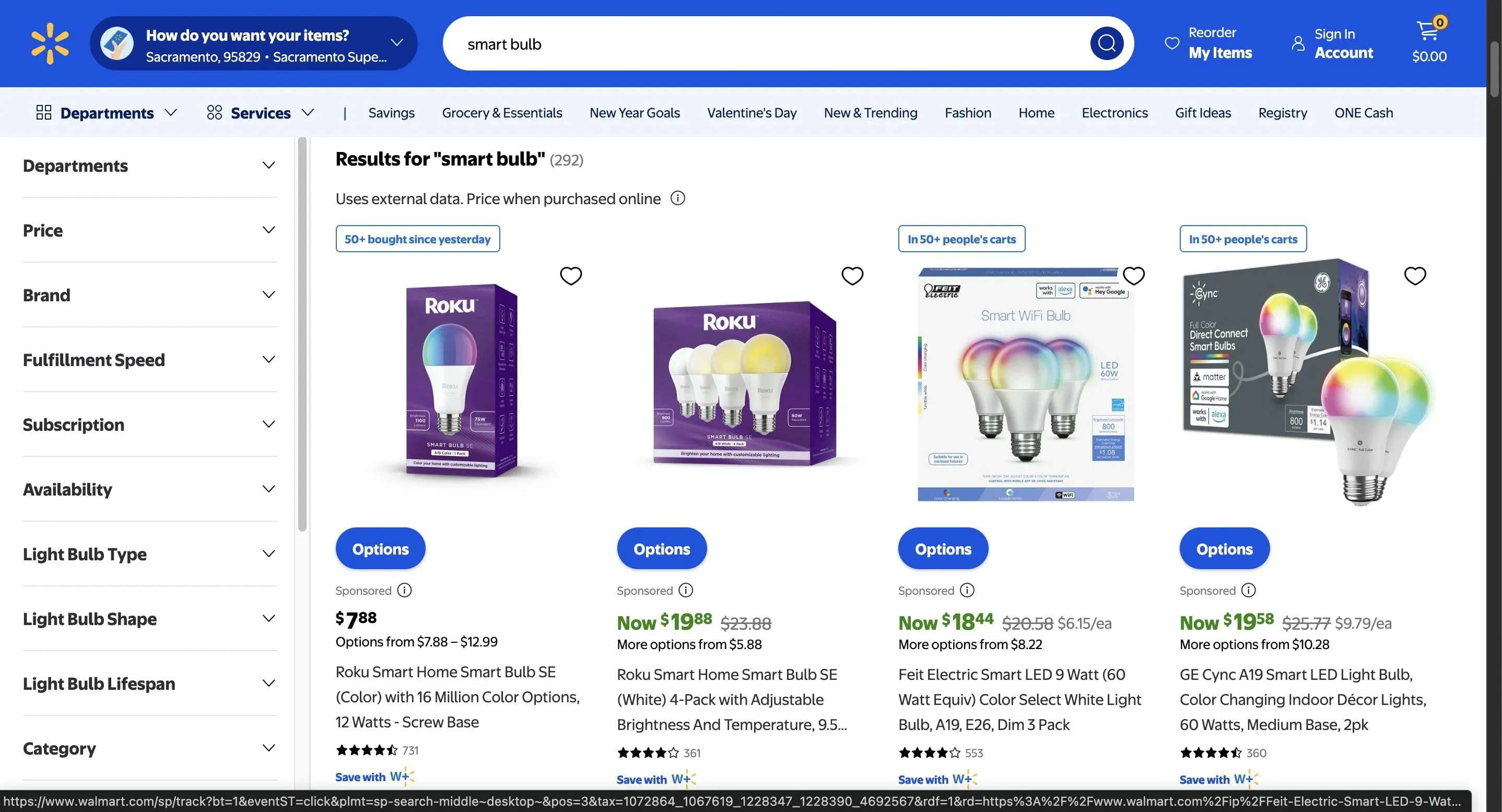 Ảnh chụp màn hình các loại bóng đèn thông minh được bày bán trên Walmart, gợi ý lựa chọn sản phẩm an toàn