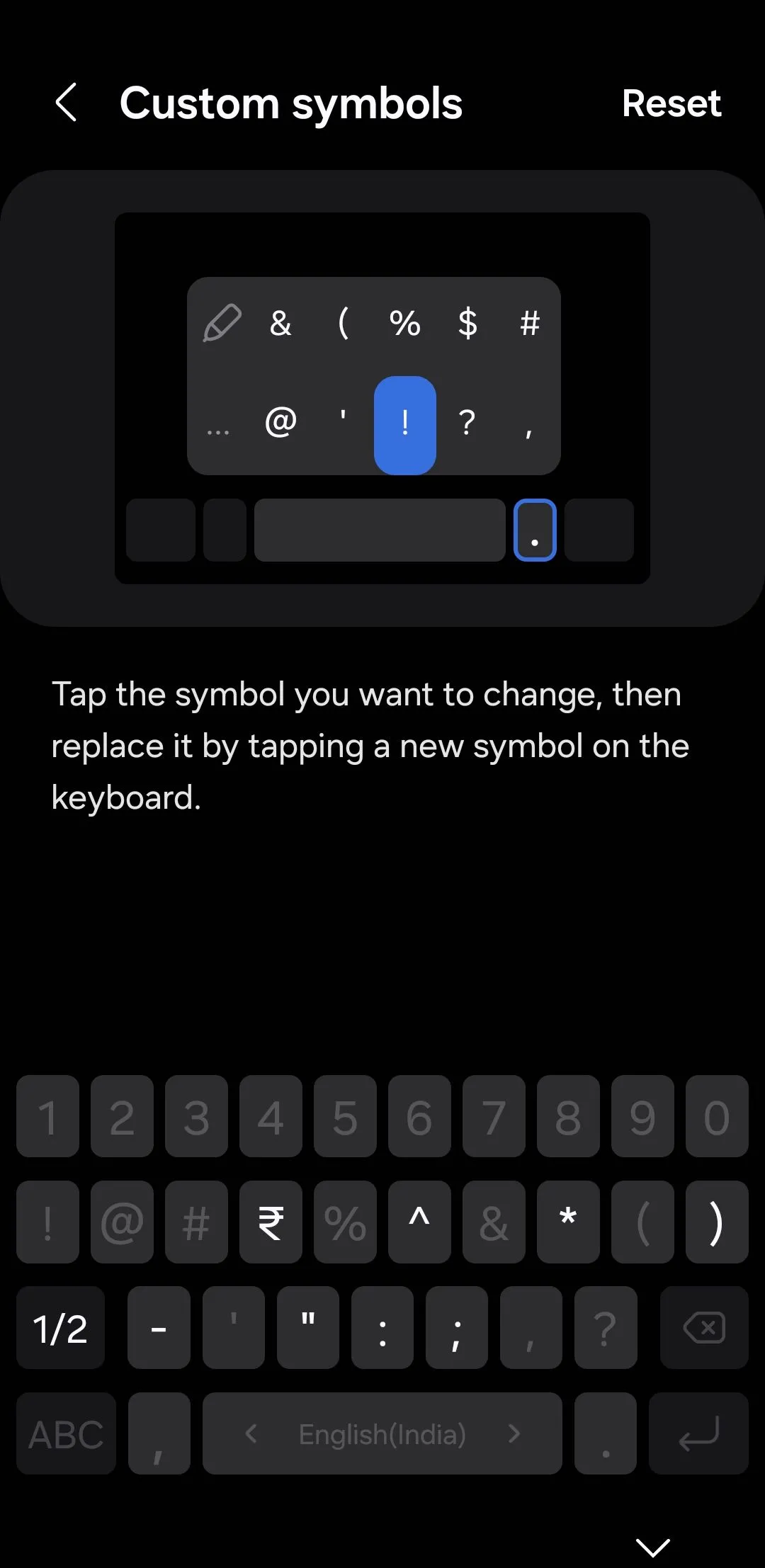 Ảnh chụp màn hình menu tùy chỉnh ký hiệu trên điện thoại Samsung