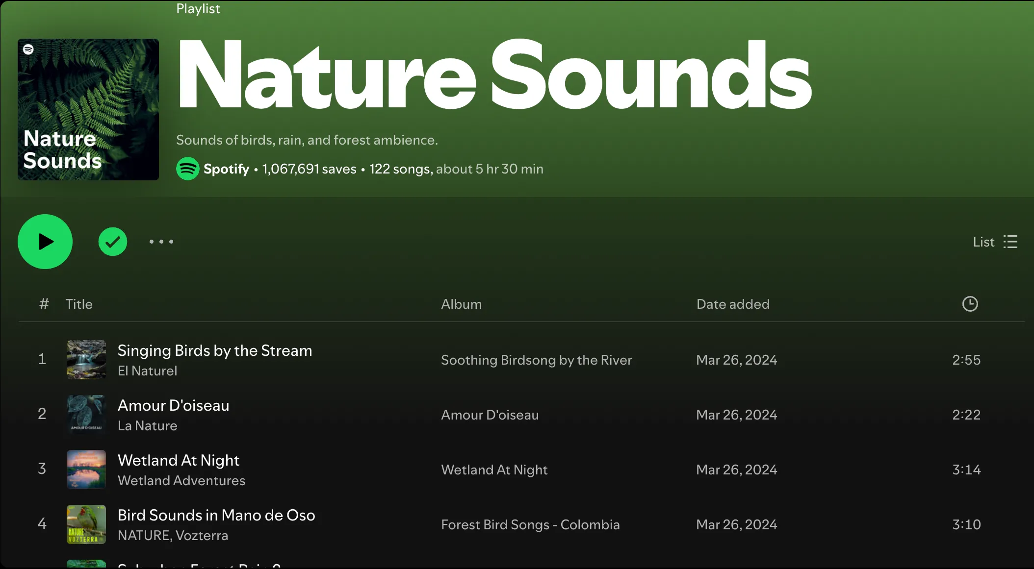 Ảnh chụp màn hình playlist &quot;Nature Sounds&quot; trên ứng dụng Spotify, minh họa cho việc sử dụng nhạc nền tự nhiên để tăng cường khả năng tập trung khi làm việc.