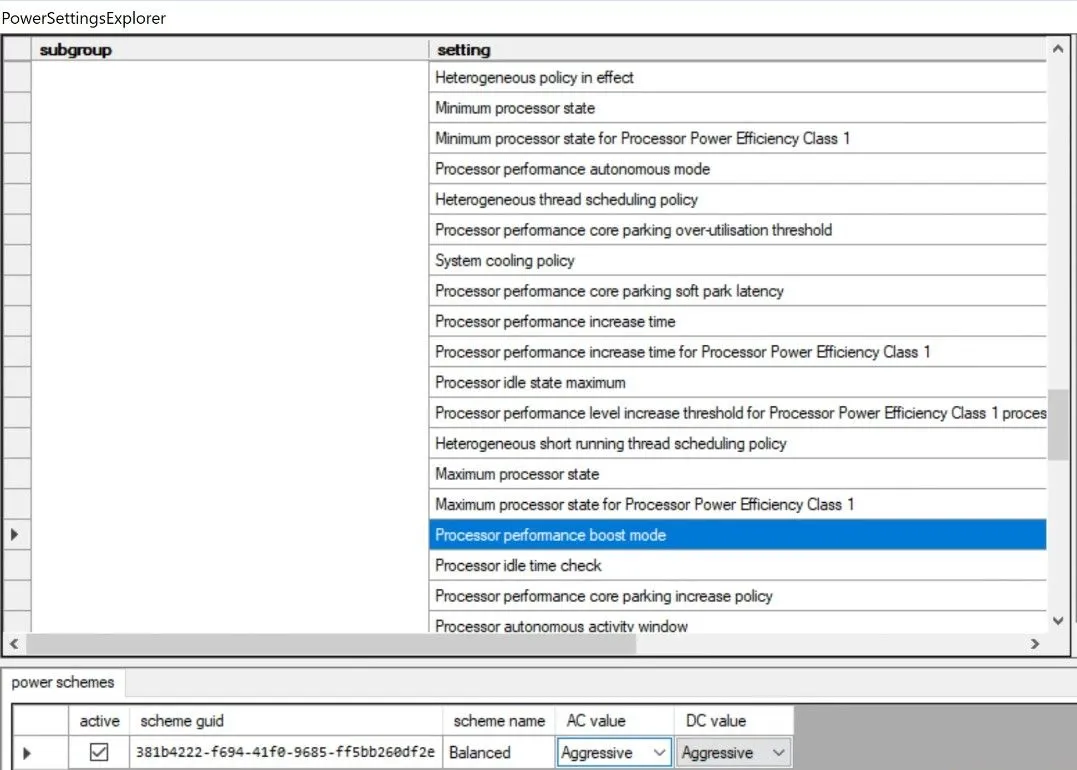 Ảnh chụp màn hình Power Settings Explorer