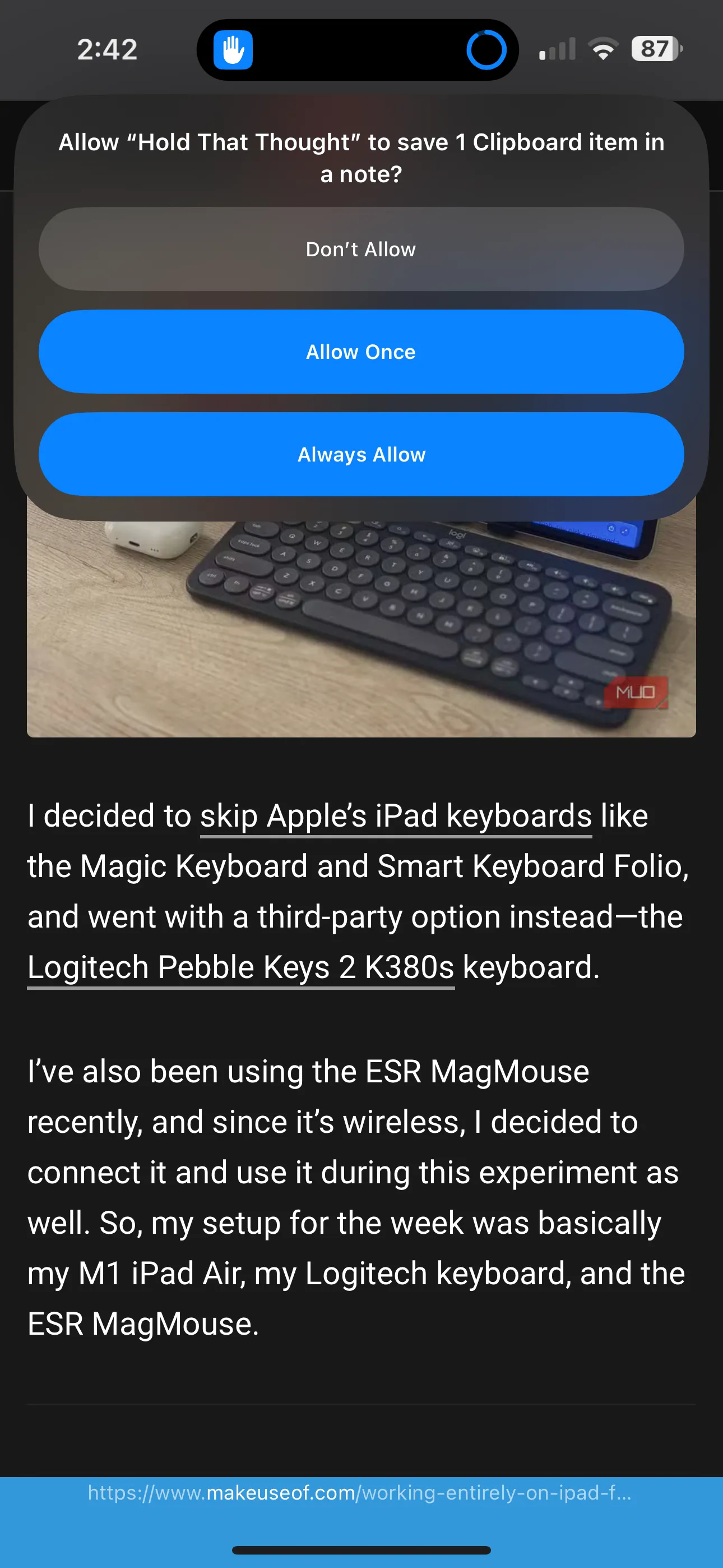 Ảnh chụp màn hình Shortcut Hold That Thought hỏi quyền lưu ghi chú vào ứng dụng Notes của Apple