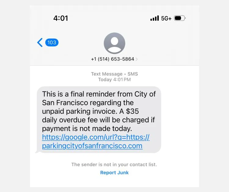 Ảnh chụp màn hình tin nhắn SMS lừa đảo phí đỗ xe giả mạo từ San Francisco