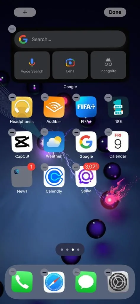 Ảnh chụp màn hình widget Google trên Màn hình chính của iPhone, minh họa cách loại bỏ tiện ích