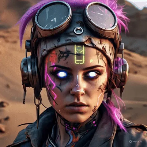 Ảnh động GIF một người phụ nữ cyberpunk trong sa mạc hoang tàn