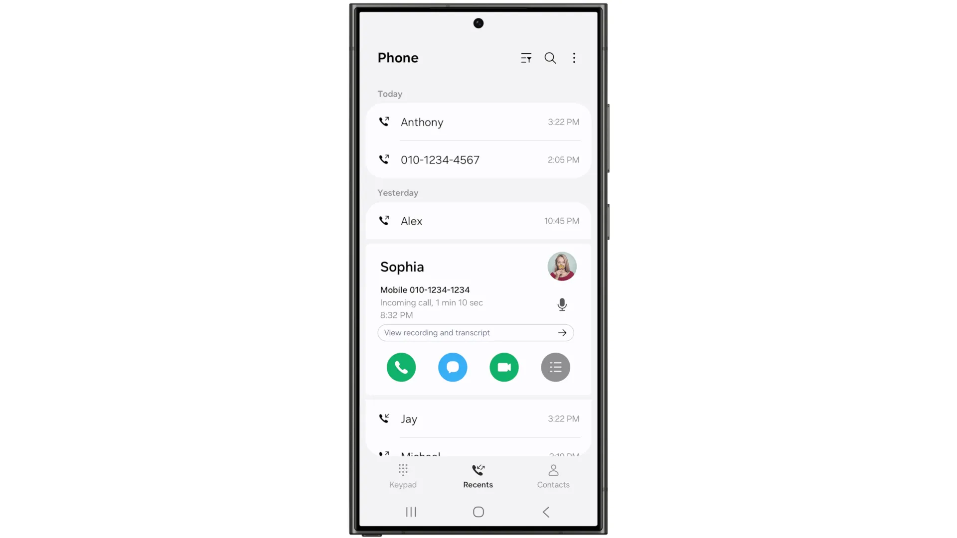 Ảnh động minh họa tính năng ghi âm cuộc gọi và tạo bản chép lời trên One UI 7, tích hợp sâu vào Galaxy AI