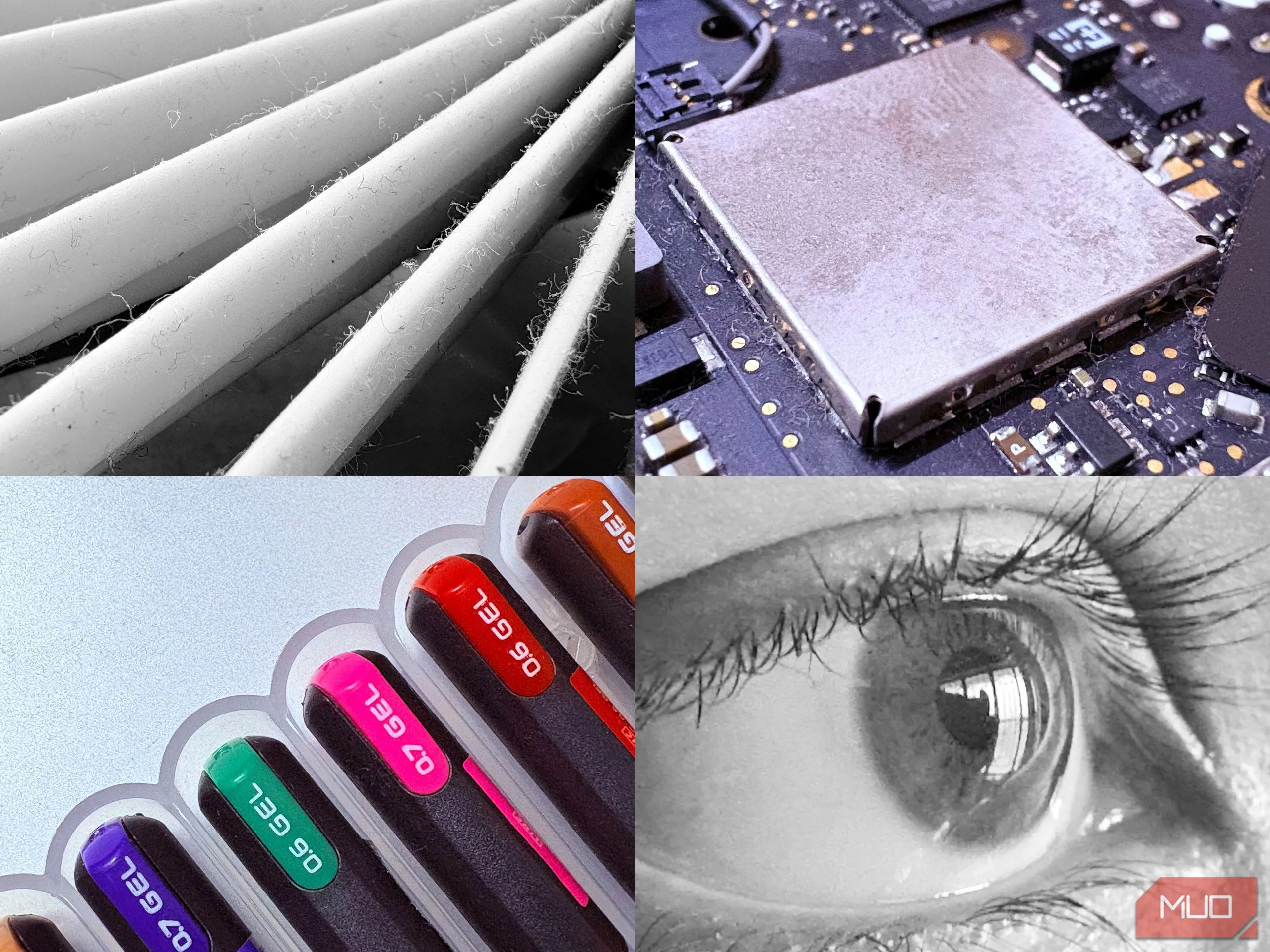 Ảnh macro iPhone 16 chụp các vật dụng hàng ngày như đầu bút chì, ốc vít