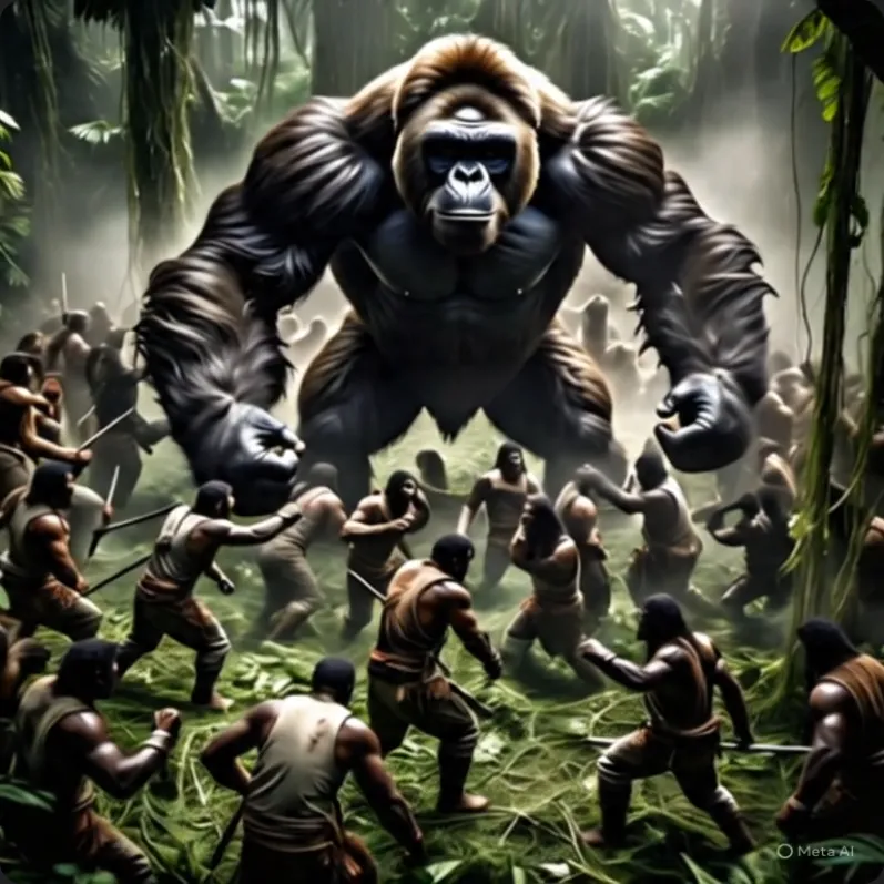 Ảnh tĩnh 100 người cầm giáo sẵn sàng chiến đấu với gorilla khổng lồ