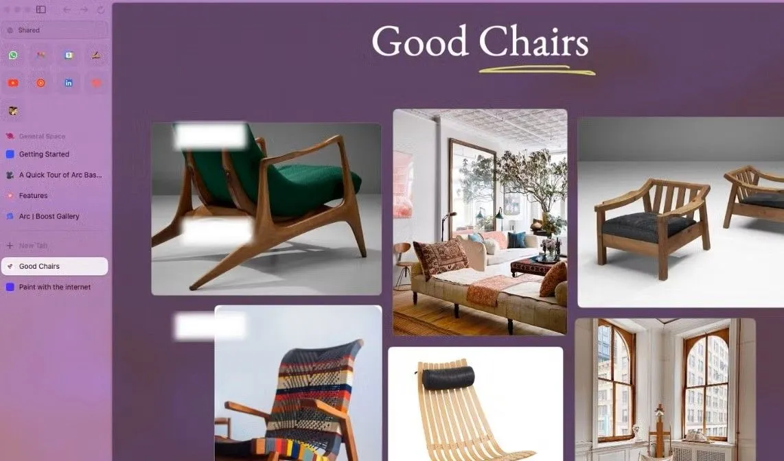 Arc Easel, bảng trắng ảo tích hợp trong trình duyệt Arc, hiển thị hình ảnh và ý tưởng