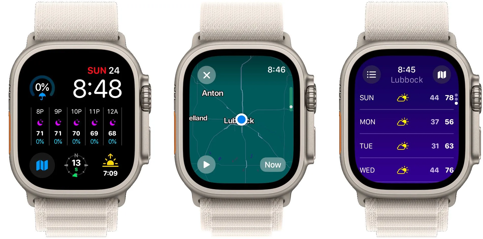 Ba màn hình hiển thị ứng dụng Carrot Weather trên Apple Watch với nhiều dữ liệu thời tiết