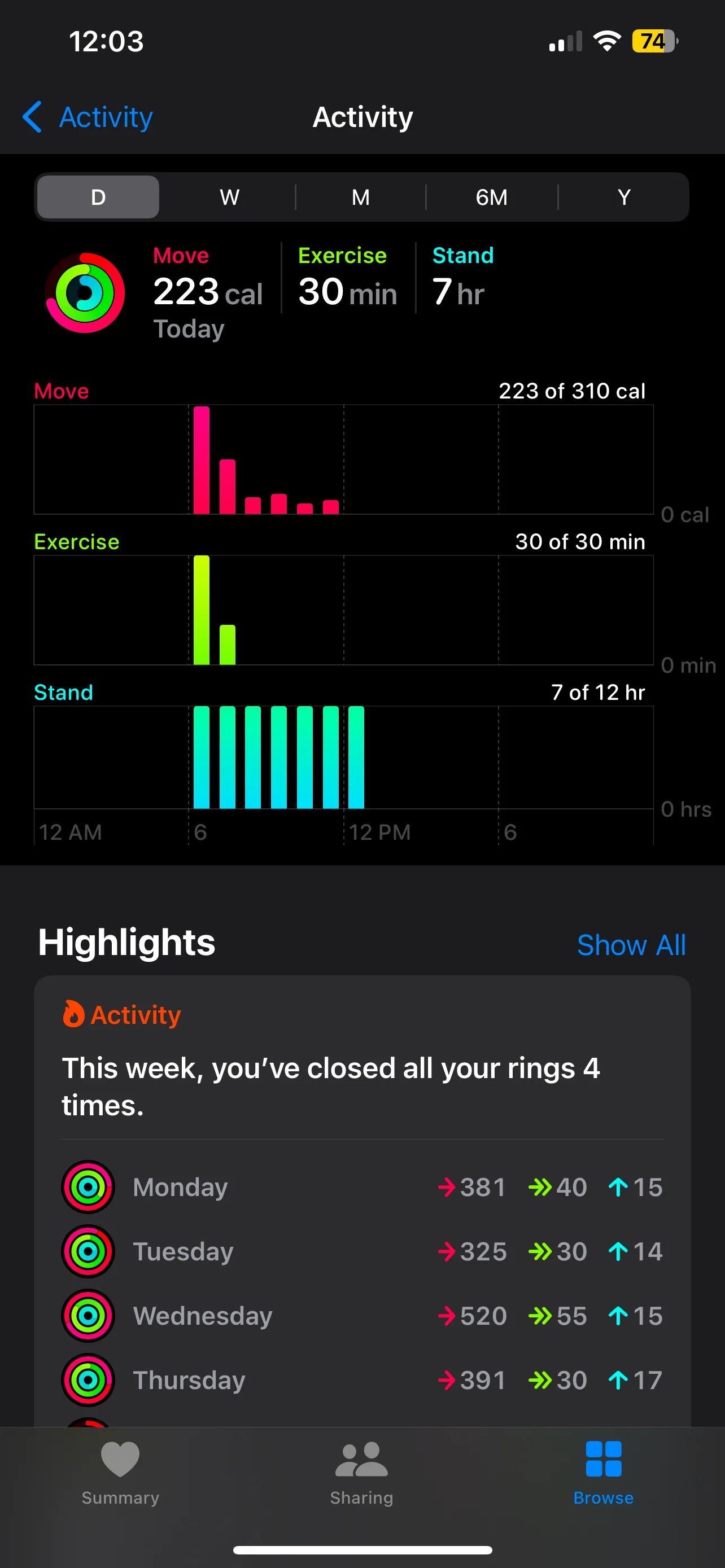 Ba vòng hoạt động (Vận động, Tập luyện, Đứng) của Apple Watch hiển thị trong ứng dụng Sức khỏe.