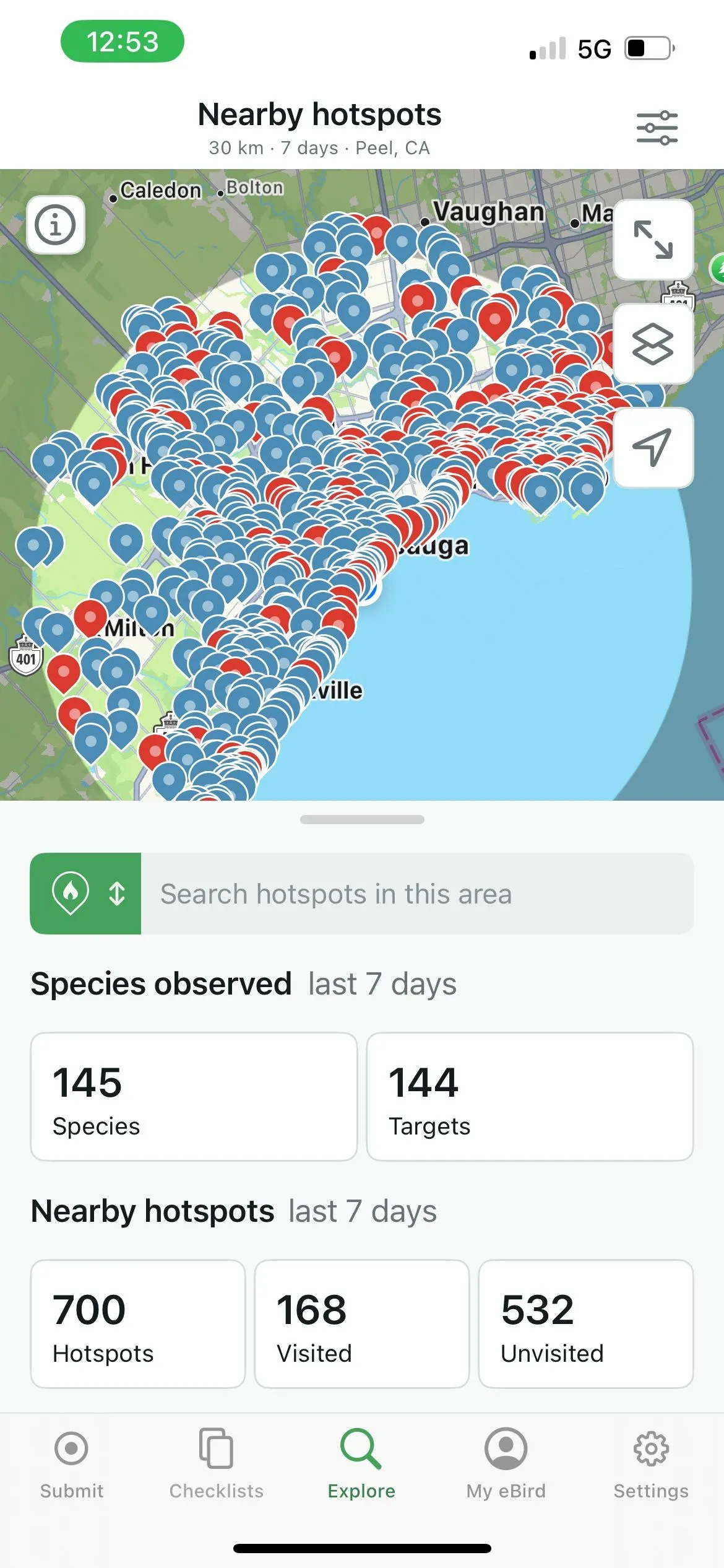 Bản đồ điểm nóng chim trên ứng dụng eBird