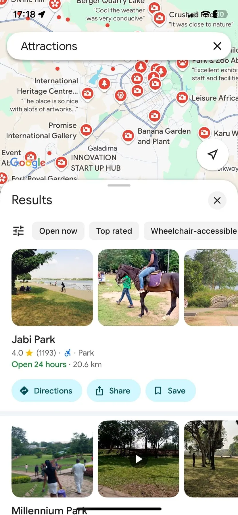 Bản đồ Google Maps hiển thị các điểm tham quan nổi bật tại Abuja, giúp định vị và khám phá khi du lịch một mình.