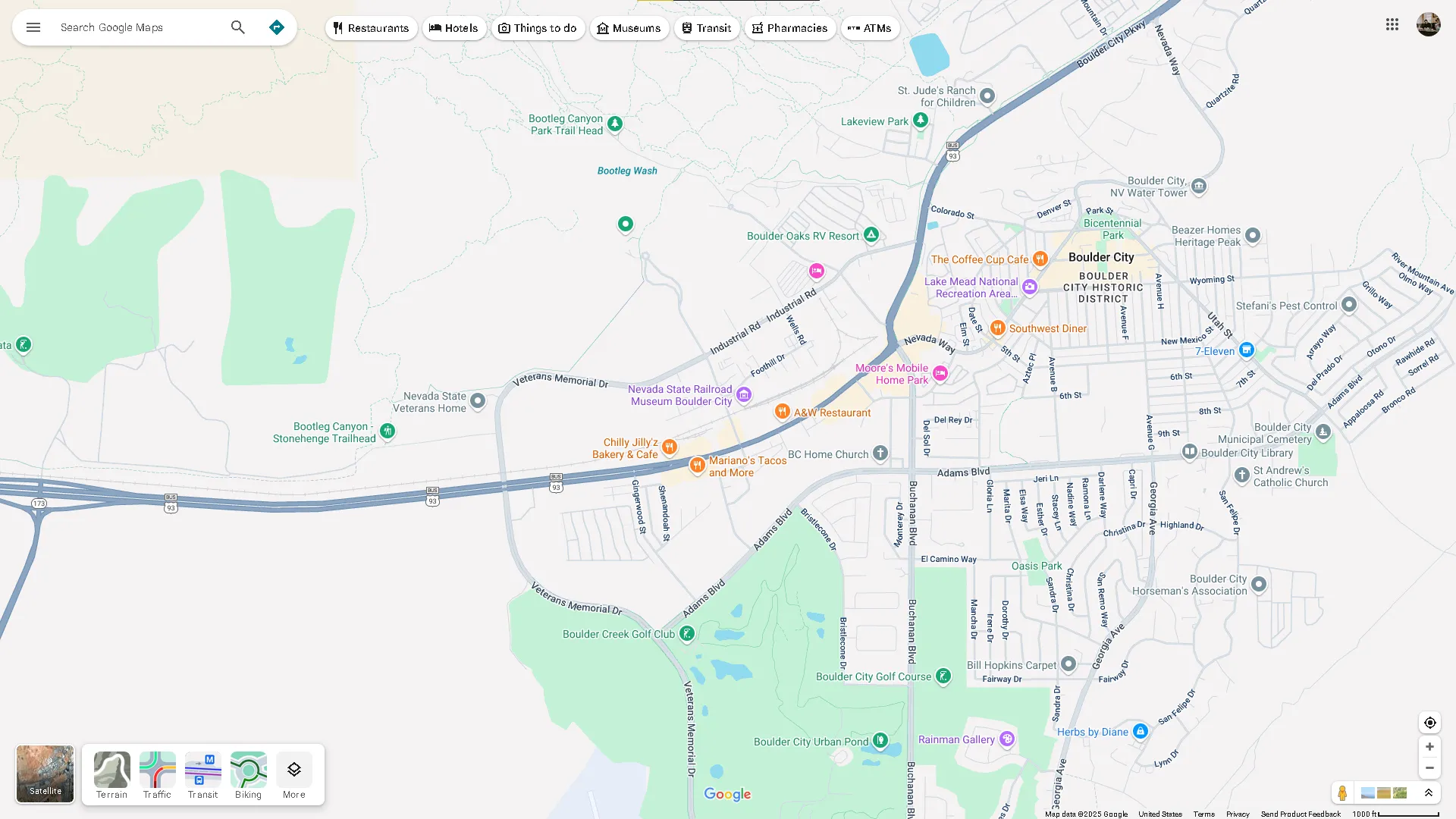 Bản đồ khu vực Boulder City, Nevada trên Google Maps, thể hiện các đặc điểm tự nhiên