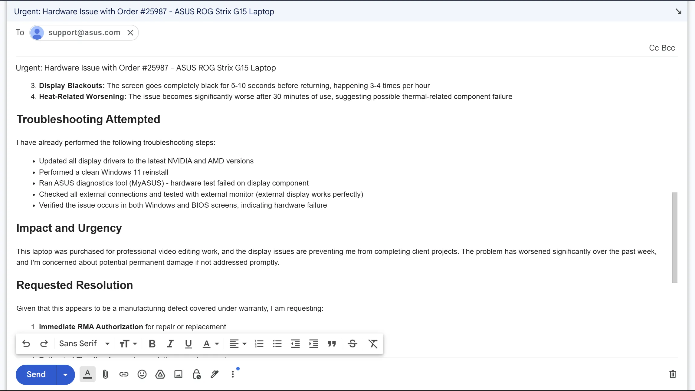 Bản nháp email gửi bộ phận hỗ trợ ASUS về vấn đề phần cứng laptop, minh họa cấu trúc email hiệu quả để nhận phản hồi từ người thật