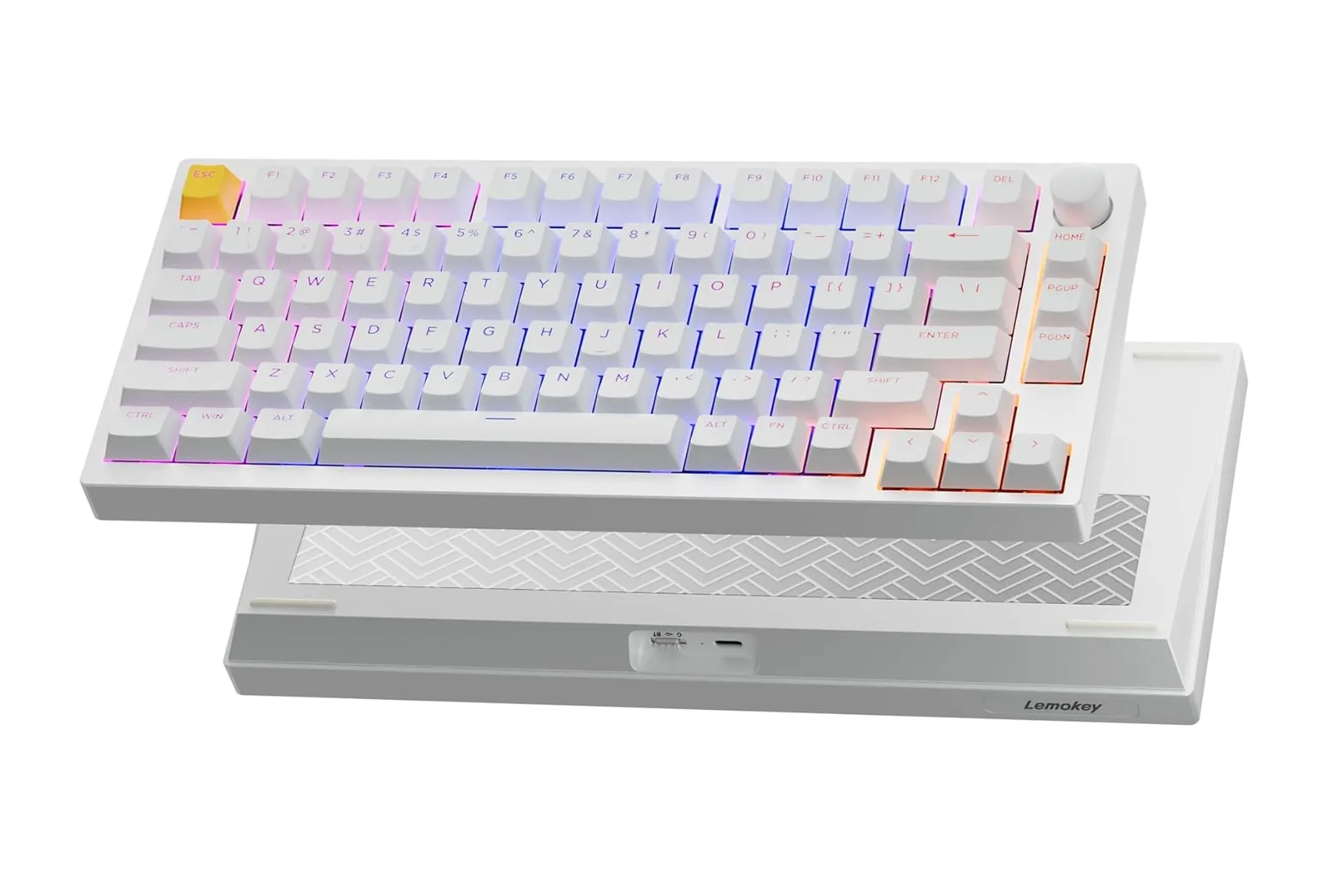 Bàn phím cơ Lemokey P1 HE màu trắng với đèn RGB rực rỡ và núm xoay điều khiển âm lượng.