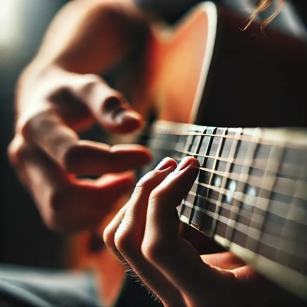 Bàn tay người chơi guitar hợp âm E minor do DALL-E tạo, với lỗi ngón tay và dây đàn không chính xác.