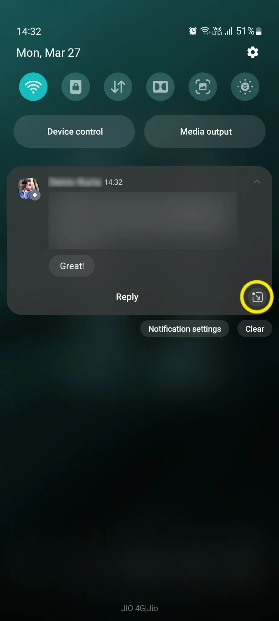Bảng cài đặt nhanh Samsung hiển thị biểu tượng thông báo nổi cho bong bóng chat