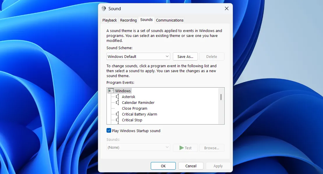 Bảng điều khiển cài đặt âm thanh cổ điển trên Windows 11