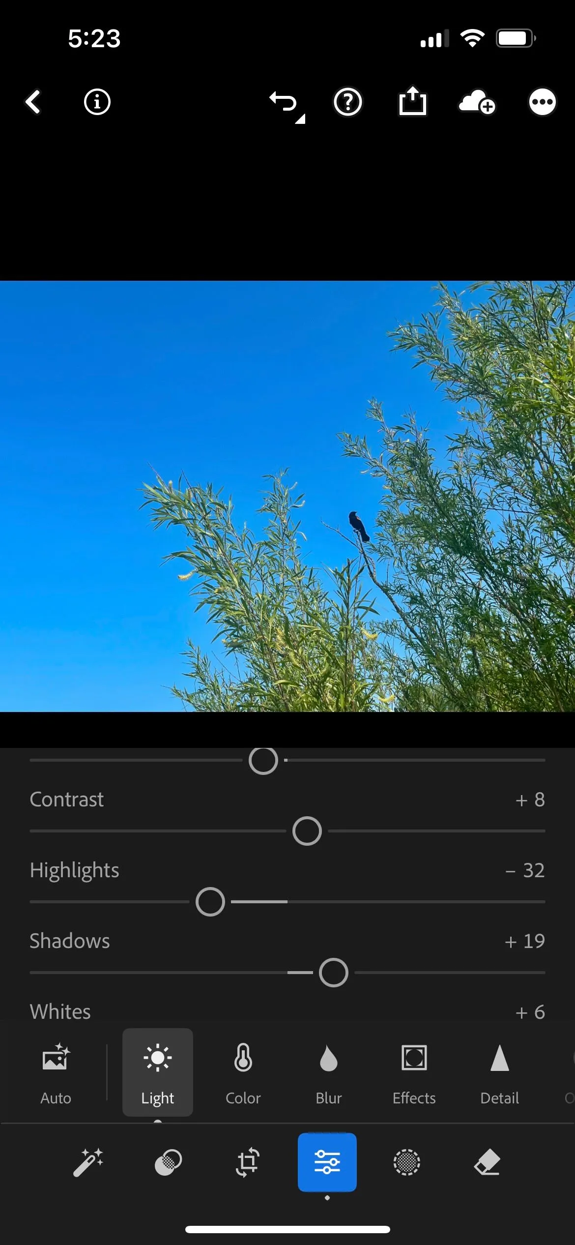 Bảng điều khiển chỉnh sửa phơi sáng cơ bản trong ứng dụng Lightroom mobile