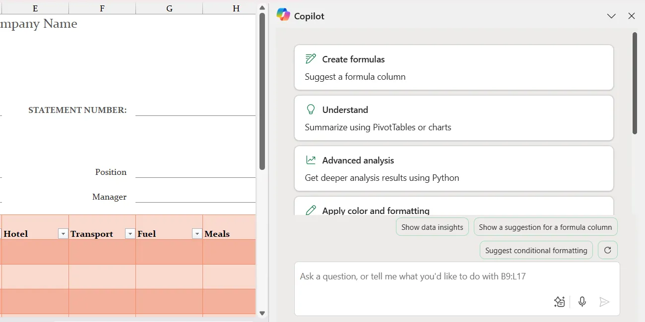 Bảng điều khiển Copilot tích hợp trong Microsoft Excel