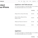 Bảng giá AppleCare+ dành cho các dòng iPhone khác nhau, minh họa chi phí bảo hành mở rộng.