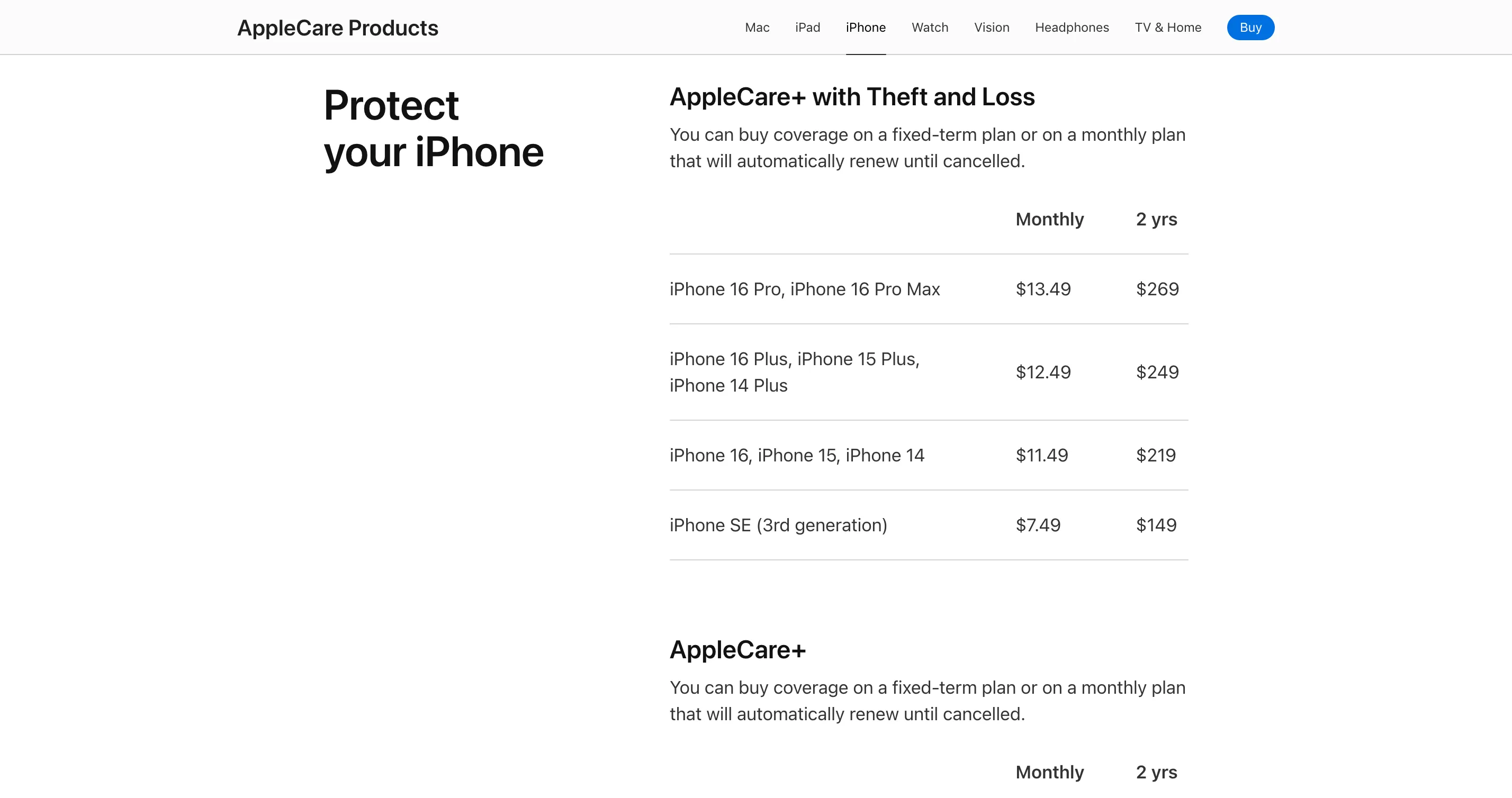Bảng giá AppleCare+ dành cho các dòng iPhone khác nhau, minh họa chi phí bảo hành mở rộng.