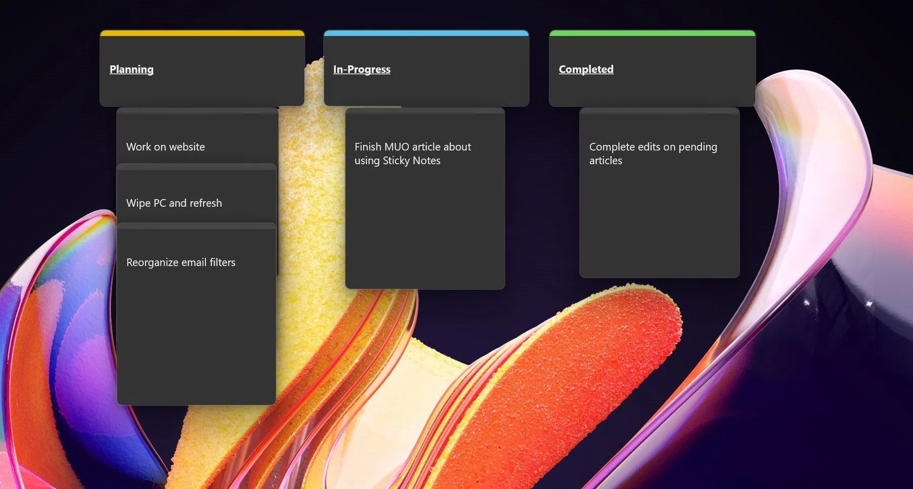 Bảng Kanban tự tạo từ Sticky Notes trên màn hình desktop Windows
