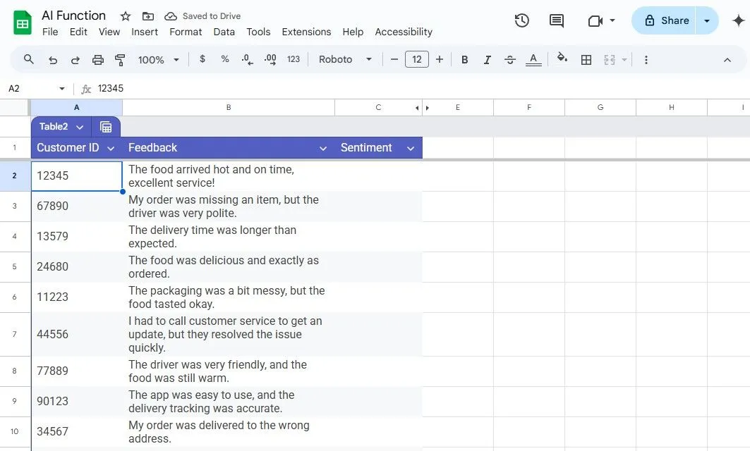 Bảng phản hồi của khách hàng trong Google Sheets