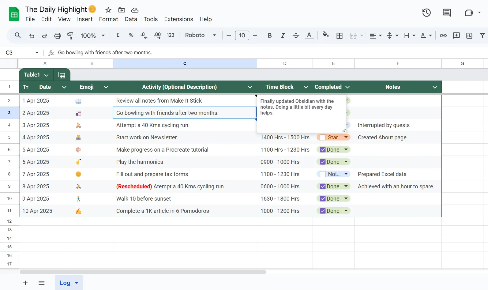 Bảng theo dõi Daily Highlight cá nhân trên Google Sheets