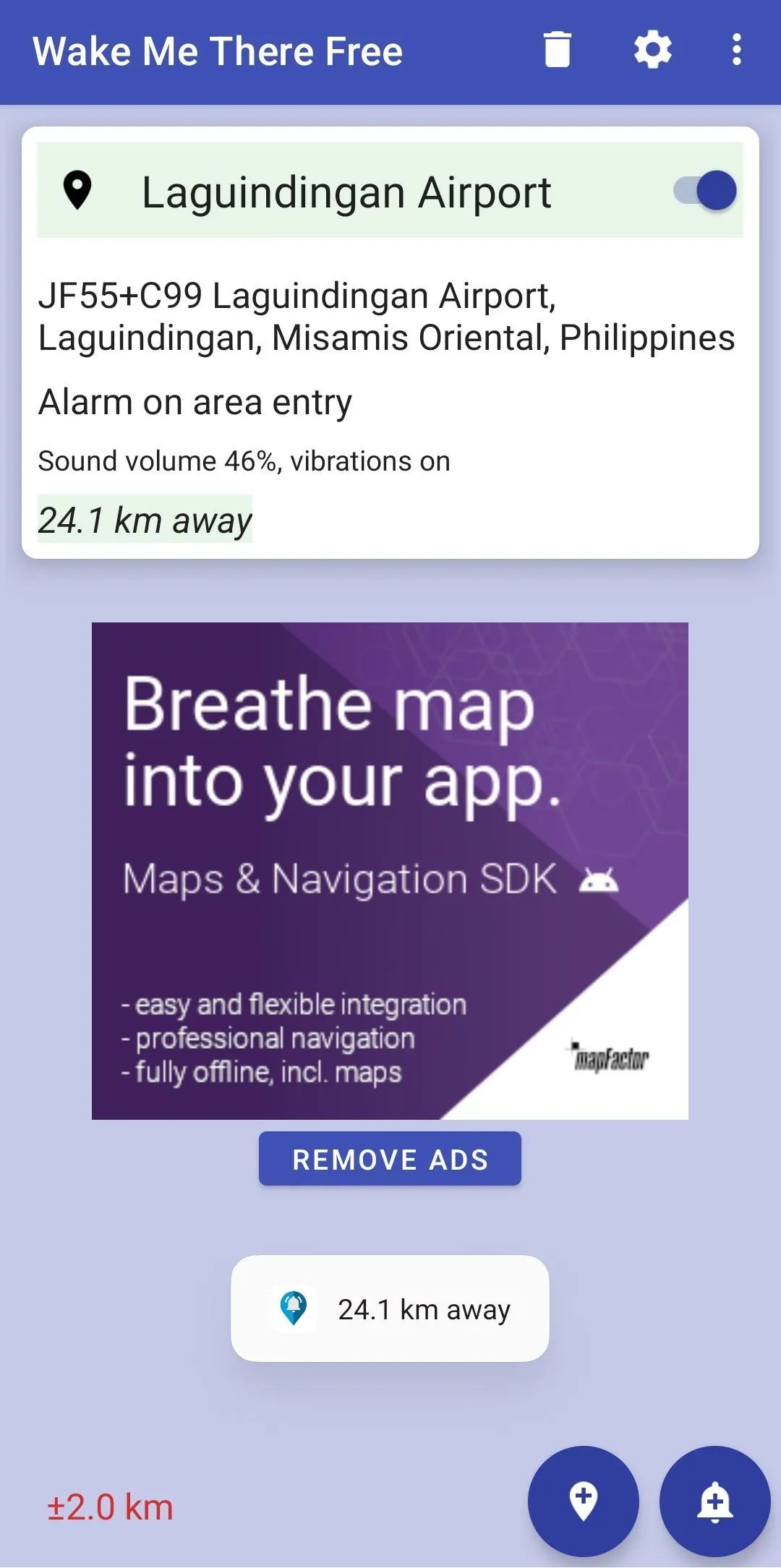 Báo thức đang hoạt động hiển thị trong ứng dụng Wake Me There