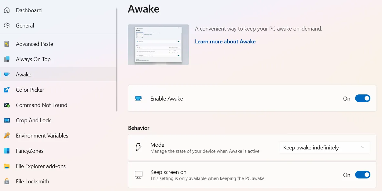 Bật tiện ích Awake trong PowerToys để giữ máy tính Windows không chuyển sang chế độ ngủ