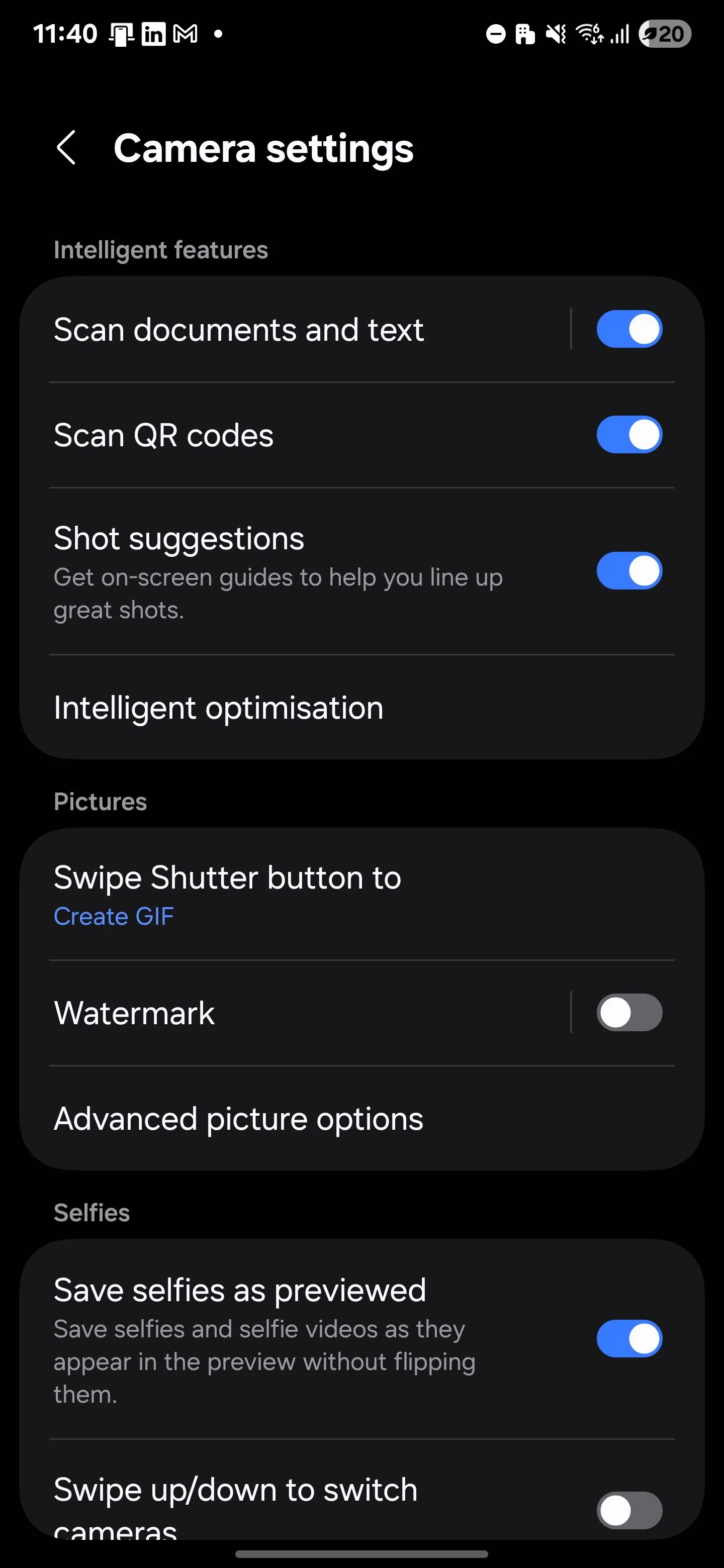 Bật tính năng tối ưu hóa cảnh thông minh (Scene Optimizer) trong cài đặt camera Samsung