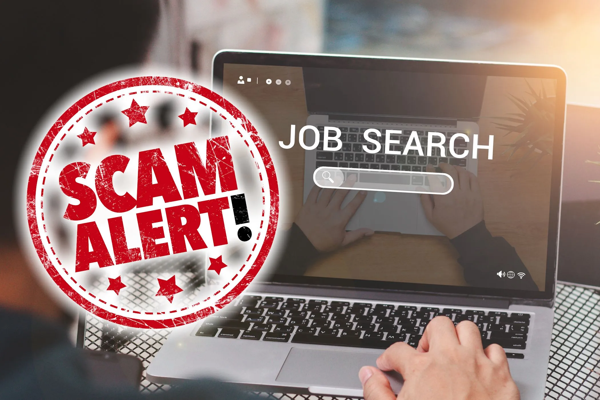 Biển cảnh báo &quot;Job Search Scam Alert&quot; trên nền hình ảnh người đàn ông tìm việc
