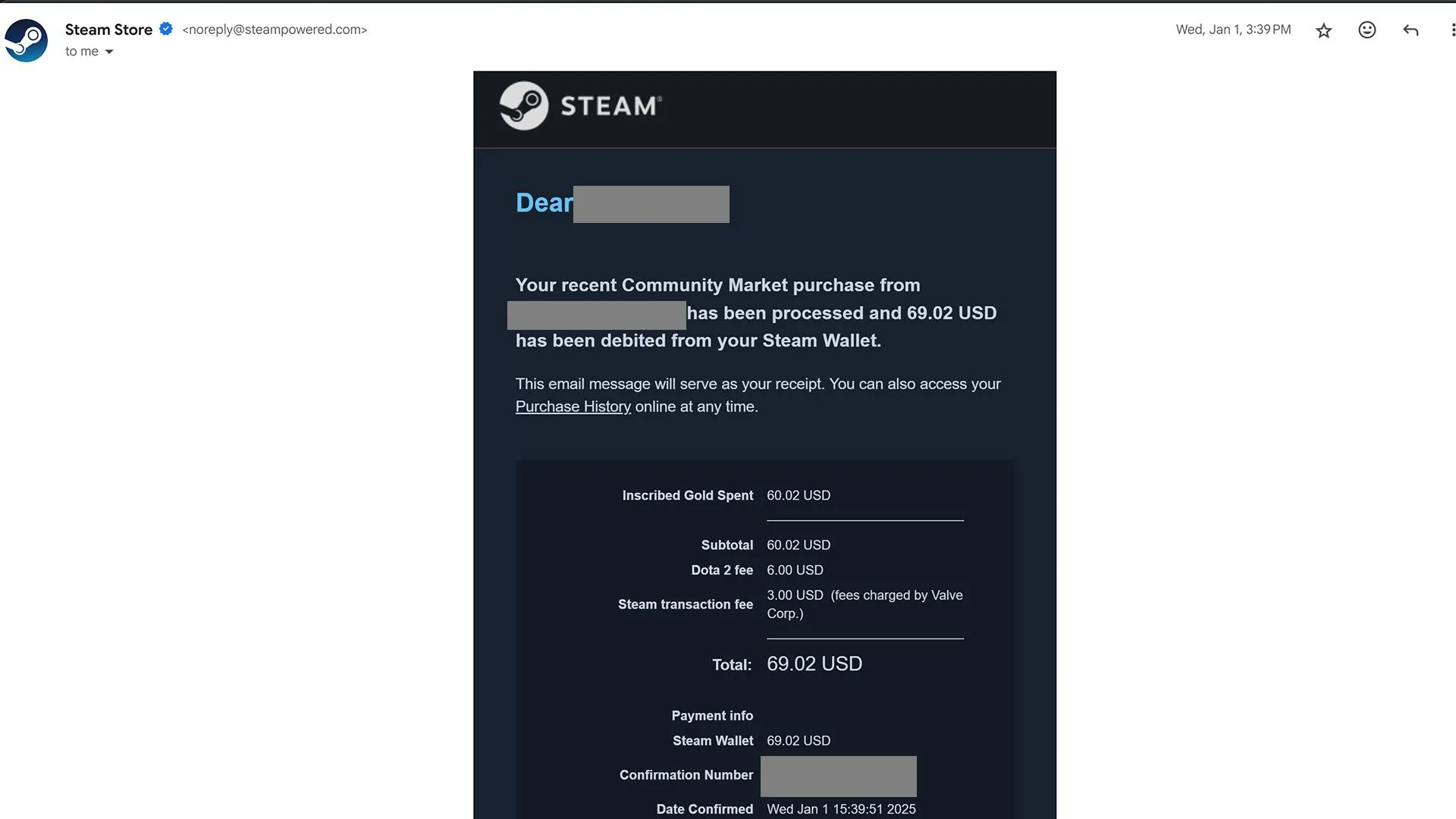 Biên lai giao dịch thị trường Cộng đồng Steam qua email, che thông tin cá nhân của tôi và kẻ lừa đảo