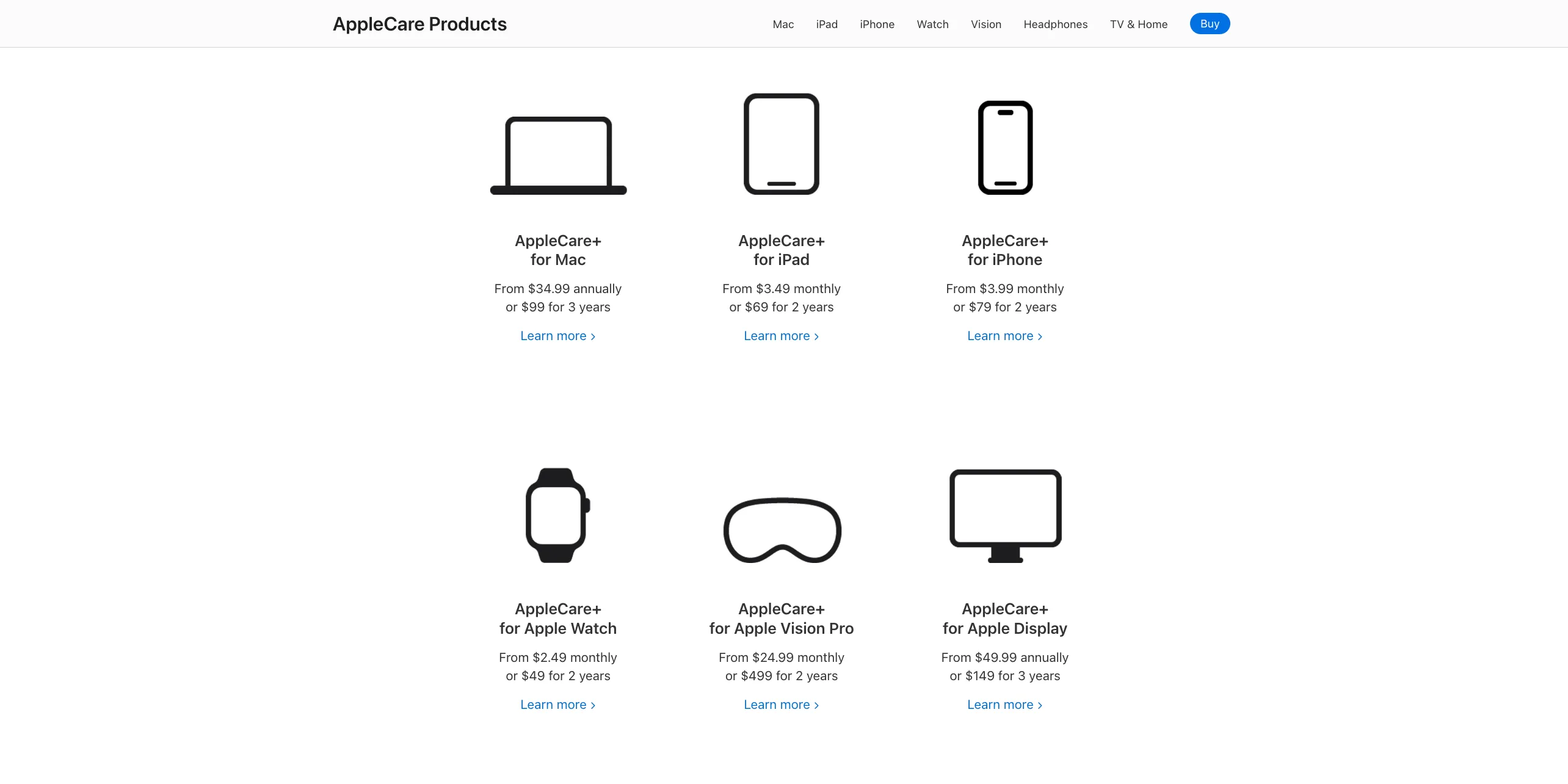 Biểu đồ các gói AppleCare+ cho nhiều thiết bị Apple cùng giá tương ứng