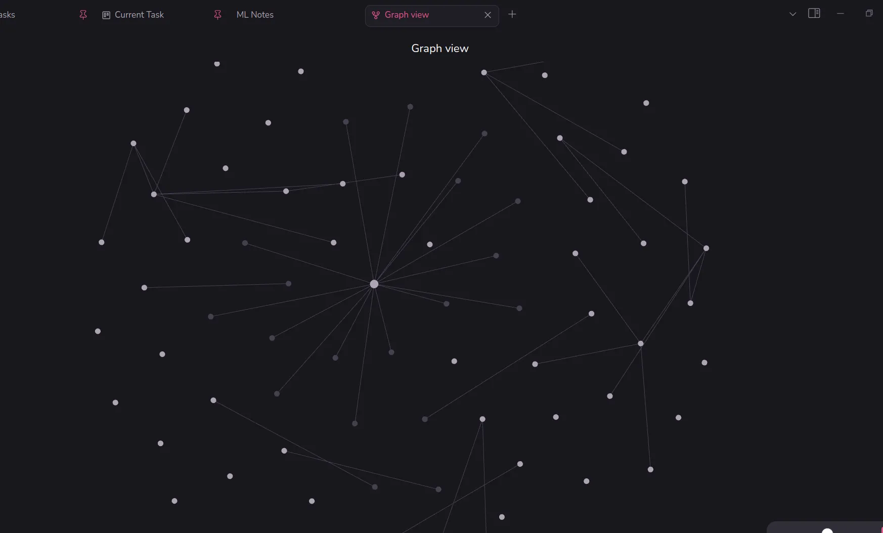 Biểu đồ đồ thị (Graph View) của Obsidian hiển thị mối quan hệ liên kết giữa các ghi chú khác nhau