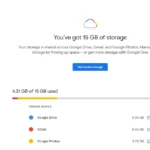 Biểu đồ dung lượng lưu trữ miễn phí 15GB của tài khoản Google Drive, Gmail và Google Photos.